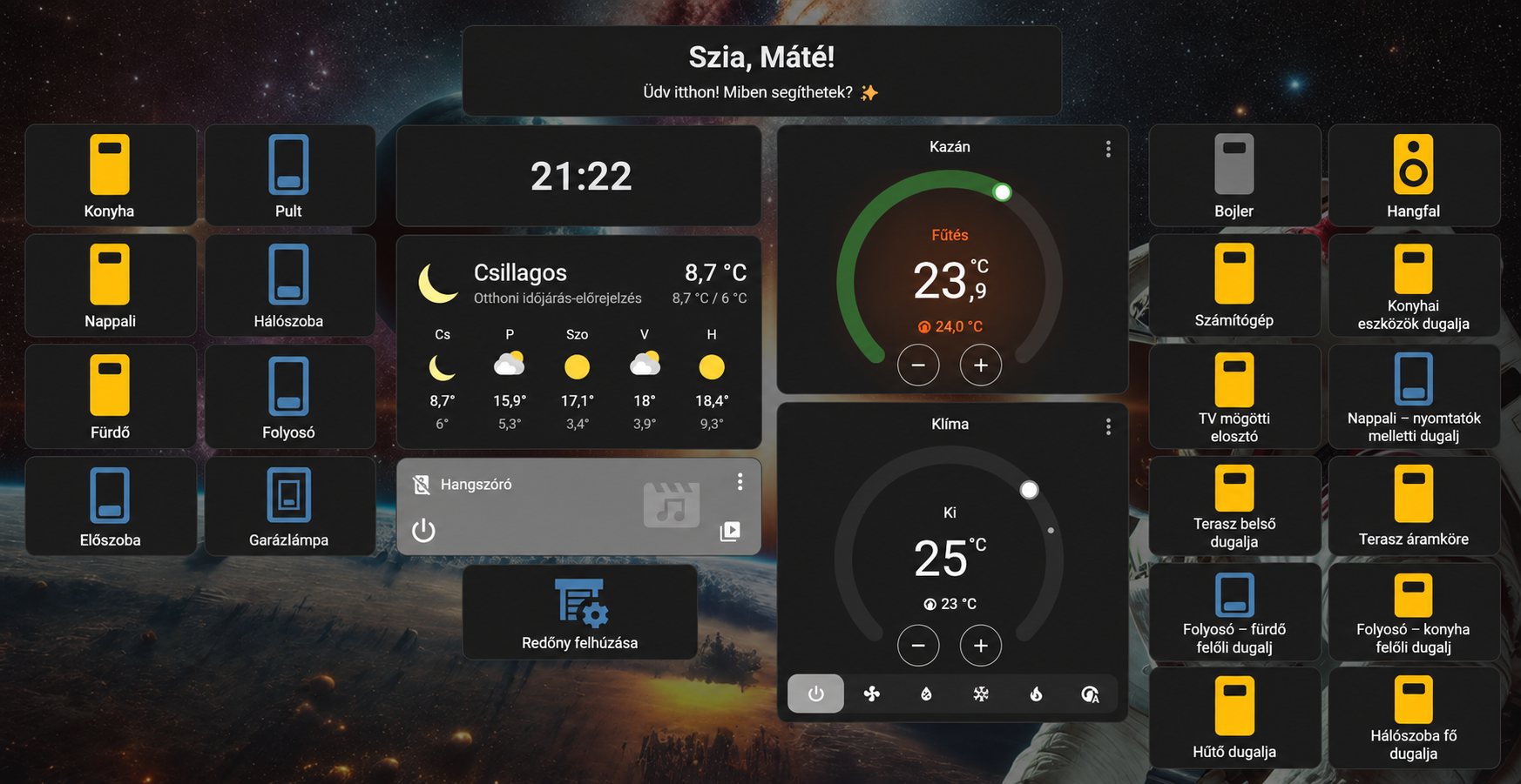 Ország Máté saját Home Assistant-vezérlőfelülete világítással, fűtéssel és okoseszközökkel
